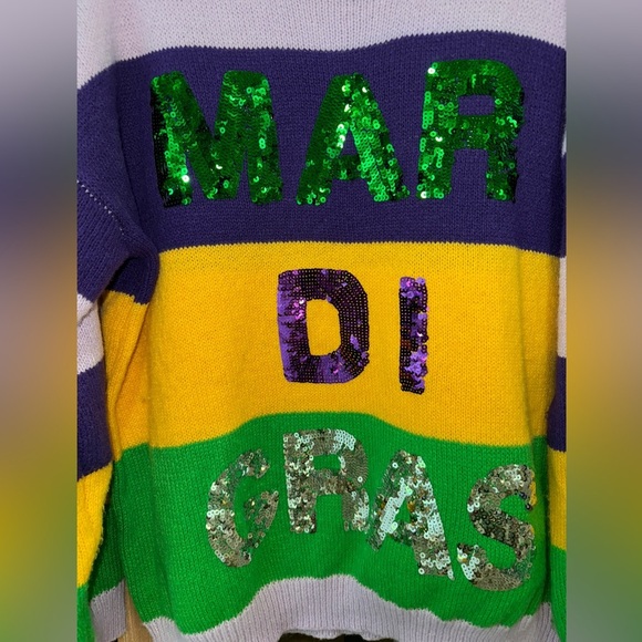 Mardi Gras sequins sweater knit crewneck embroidered pullover sweatshirt top QOS - Picture 3 of 12